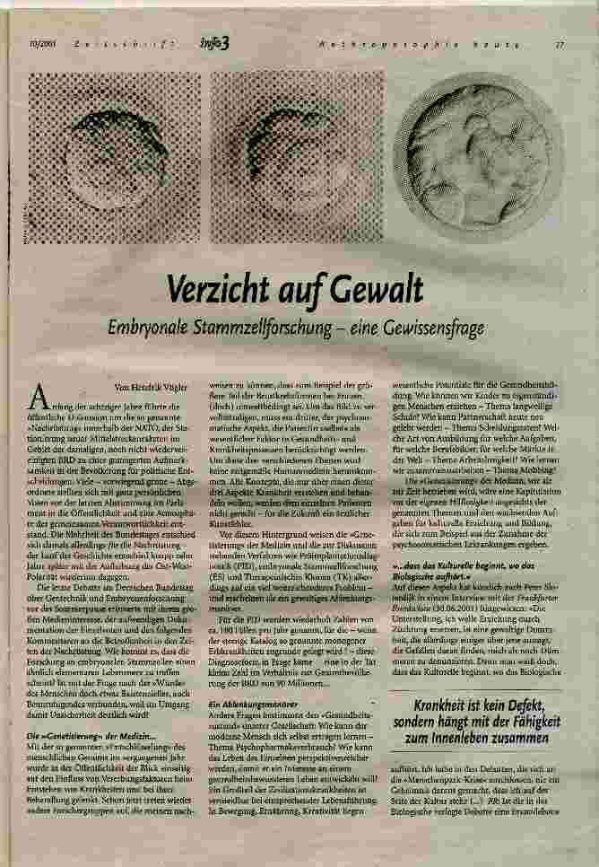 Vorschauseite 1: Verzicht auf Gewalt Embryonale Stammzellforschung - eine Gewissensfrage