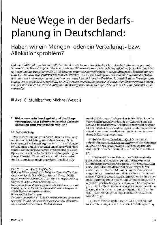 Vorschauseite 1: Neue Wege in der Bedarfsplanung in Deutschland: Haben wir ein Mengenoder ein Verteilungsbzw. Allokationsproblem?