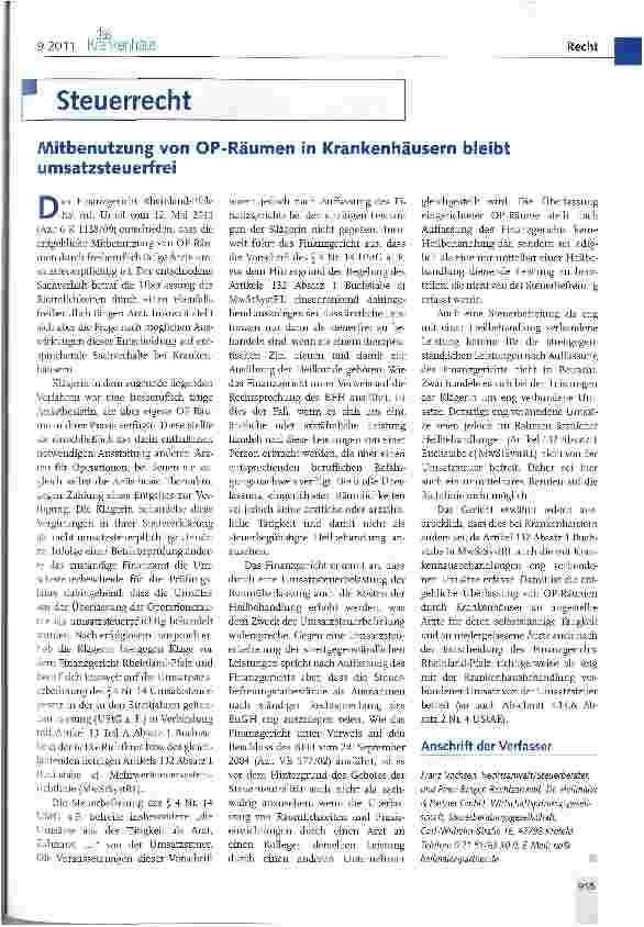Vorschauseite 1: Mitbenutzung von OP-Räumen in Krankenhäusern bleibt umsatzsteuerfrei