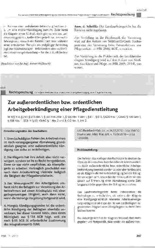 Vorschauseite 1: Zur außerordentlichen bzw. ordentlichen Arbeitgeberkündigung einer Pflegedienstleitung
