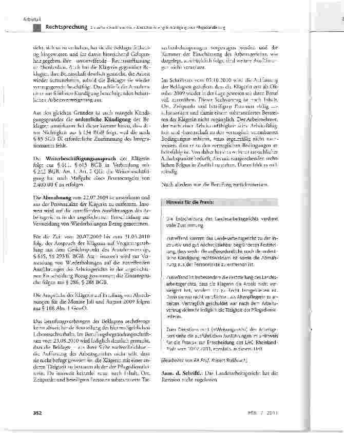 Vorschauseite 6: Zur außerordentlichen bzw. ordentlichen Arbeitgeberkündigung einer Pflegedienstleitung