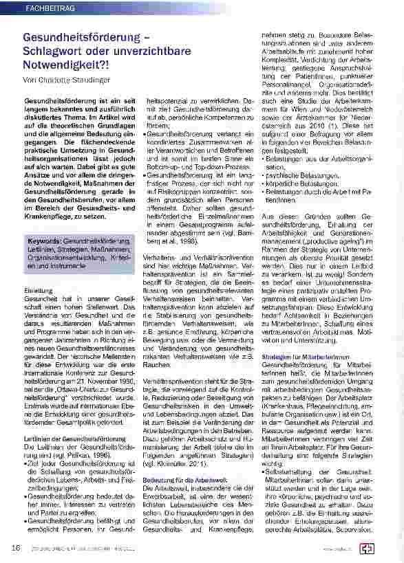 Vorschauseite 1: Gesundheitsförderung -Schlagwort oder unverzichtbare Notwendigkeit? !