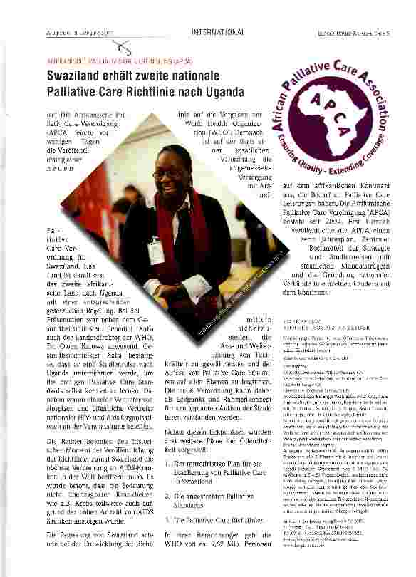 Vorschauseite 1: Swaziland erhält zweite nationale Palliative Care Richtlinie nach Uganda