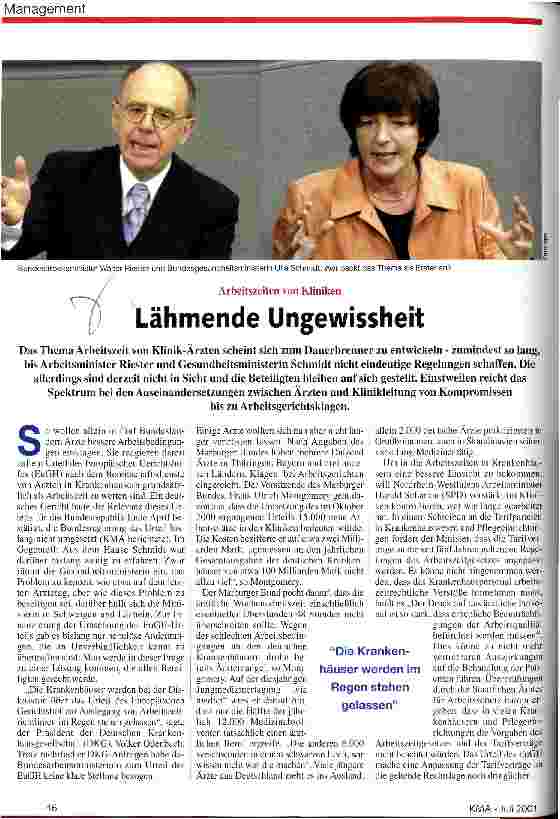 Vorschauseite 1: Lähmende Ungewissheit Arbeiszeiten von Kliniken