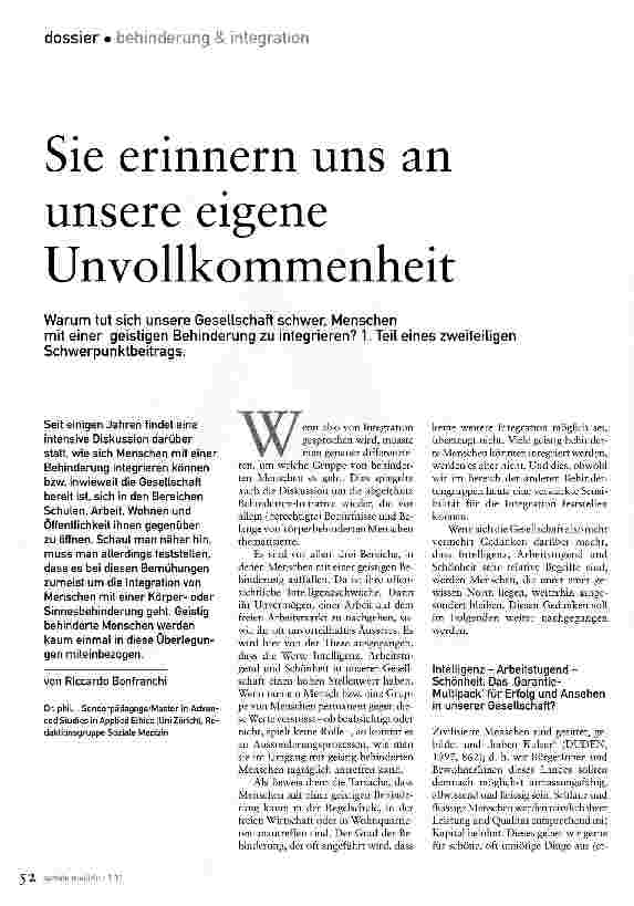 Vorschauseite 1: Sie erinnern uns an unsere eigene UnvollkommenheitWarum tut sich unsere Gesellschaft schwer Menschen mit einer geistigen Behinderung zu integrieren?