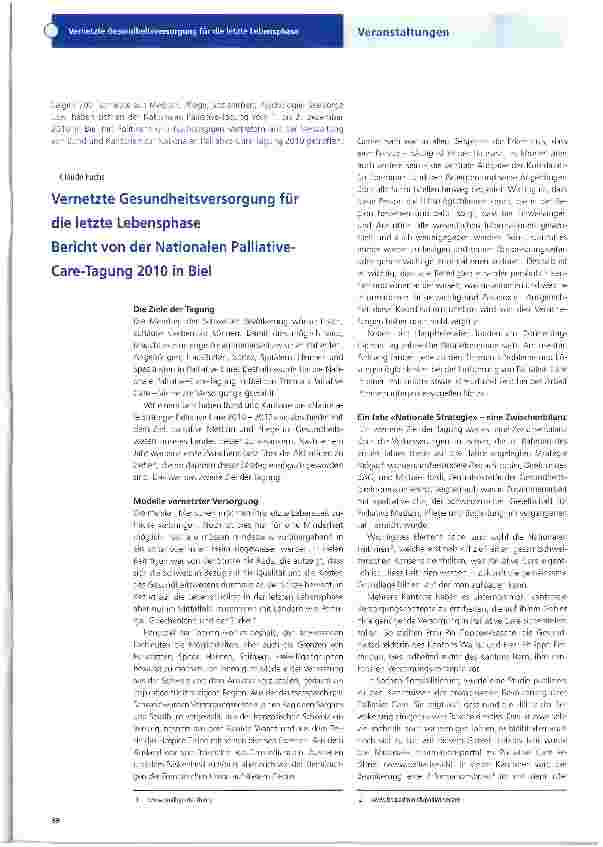 Vorschauseite 1: Vernetzte Gesundheitsversorgung für die letzte Lebensphase Bericht von der Nationalen Palliative-Care-Tagung 2010 in Biel
