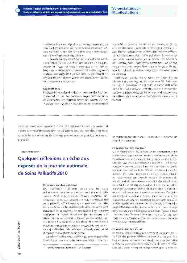 Vorschauseite 2: Vernetzte Gesundheitsversorgung für die letzte Lebensphase Bericht von der Nationalen Palliative-Care-Tagung 2010 in Biel