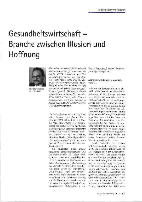 Vorschauseite 1: Gesundheitswirtschaft -Branche zwischen Illusion und Hoffnung