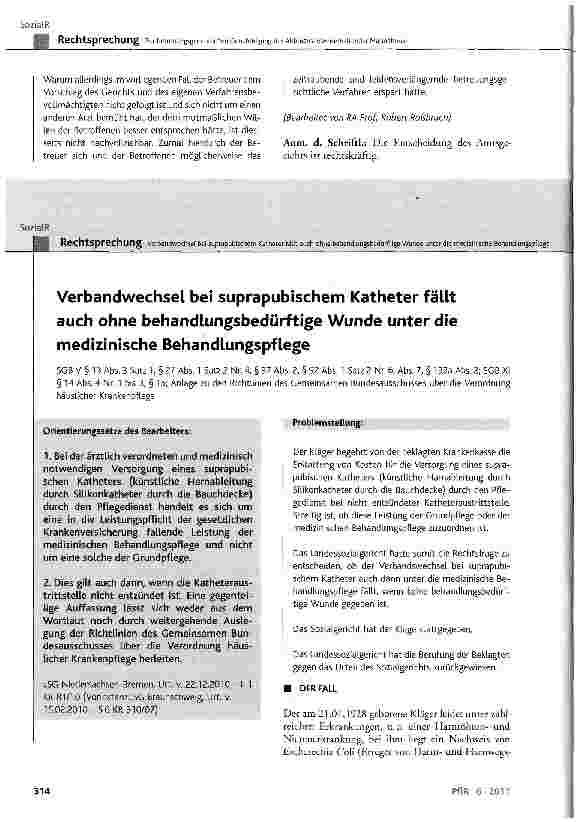 Vorschauseite 1: Verbandwechsel bei suprapubischem Katheter fällt auch ohne behandlungsbedürftige Wunde unter die medizinische Behandlungspflege