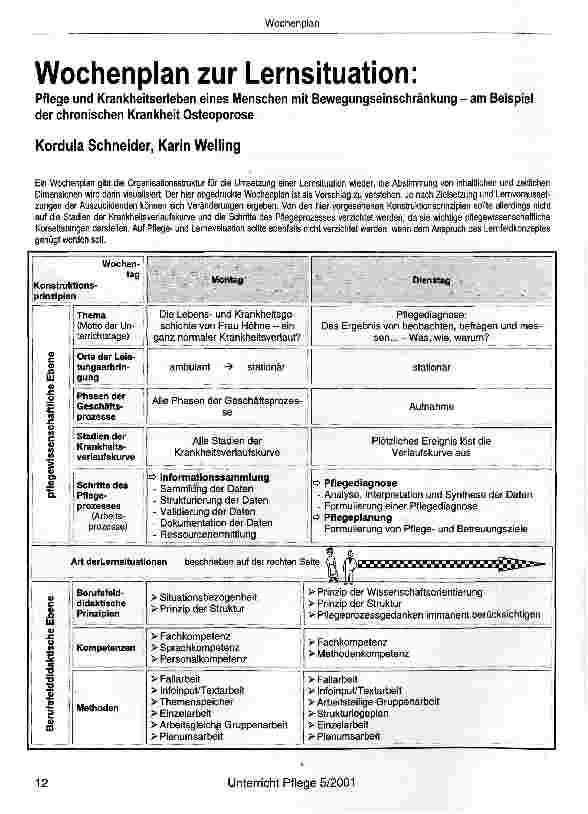 Vorschauseite 1: Wochenplan zur Lernsituation: Pflege und Krankheitserleben eines Menschen mit Bewegungseinschränkung - am Beispiel der chronischen Krankheit Osteoporose