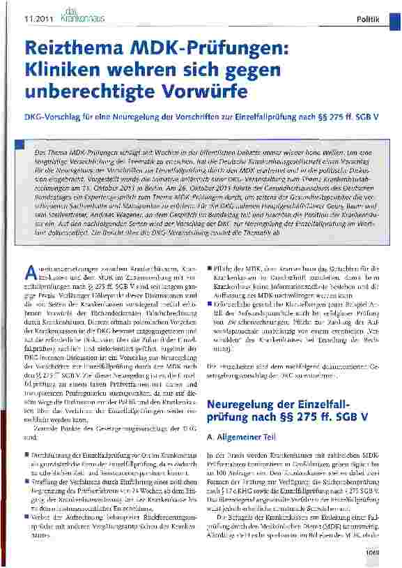 Vorschauseite 1: Reizthema MDK-Prüfungen: Kliniken wehren sich gegen unberechtigte