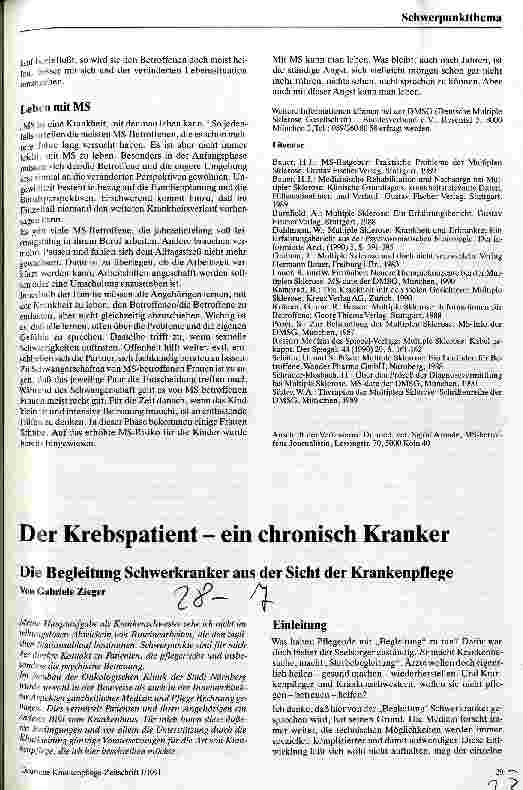 Vorschauseite 1: Der Krebspatient - ein chronisch Kranker Die Begleitung Schwerkranker aus der Sicht der Krankenpflege