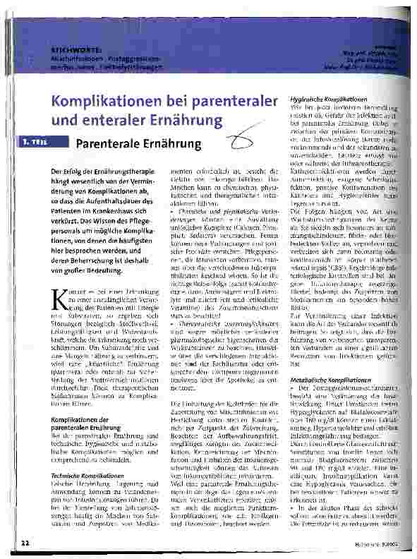 Vorschauseite 1: Komplikationen bei parenteraler und enteraler Ernährung 1. Teil: Parenterale Ernährung