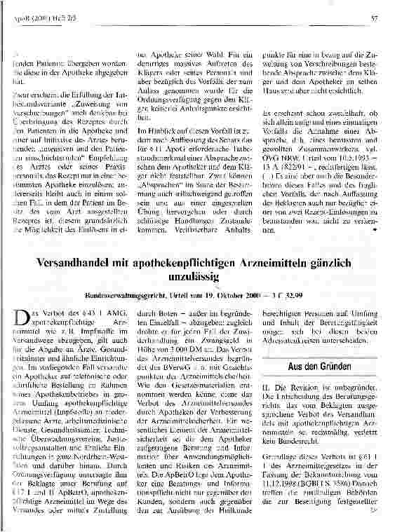 Vorschauseite 1: Versandhandel mit apothekenpflichtigen Arzneimitteln gänzlich unzulässig