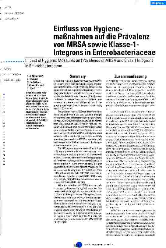Vorschauseite 1: Einfluss von Hygiene-Maßnahmen auf die Prävalenz von MRSA sowie Klasse-1-Integrons in Enterobacteriaceae