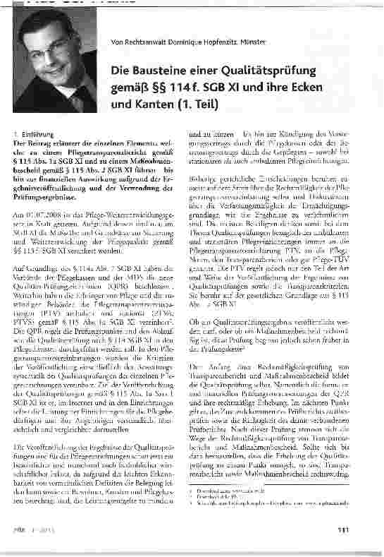 Vorschauseite 1: Die Bausteine einer Qualitätsprüfung gemäß §§ 114 f. SGB XI und ihre Ecken und Kanten (I. Teil)