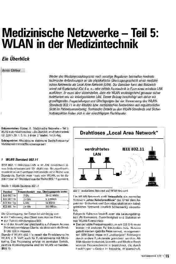 Vorschauseite 1: Medizinische Netzwerke - Teil 5: WLAN in der MedizintechnikEin Überblick