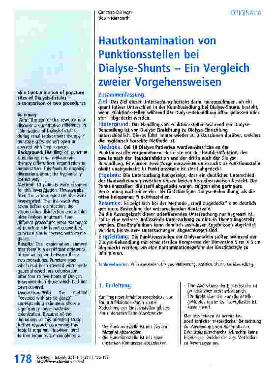 Vorschauseite 1: Hautkontamination von Punktionsstellen bei Dialyse-Shunts - Ein Vergleich zweier Vorgehensweisen