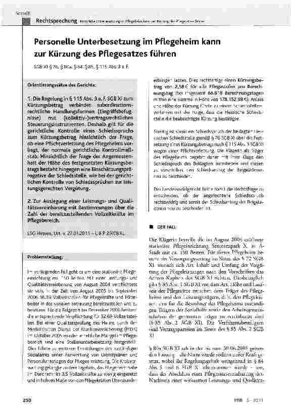 Vorschauseite 1: Personelle Unterbesetzung im Pflegeheim kann zur Kürzung des Pflegesatzes führenSGBXI §76, §80a, §84, §85, §115 Abs. 3 a. F.