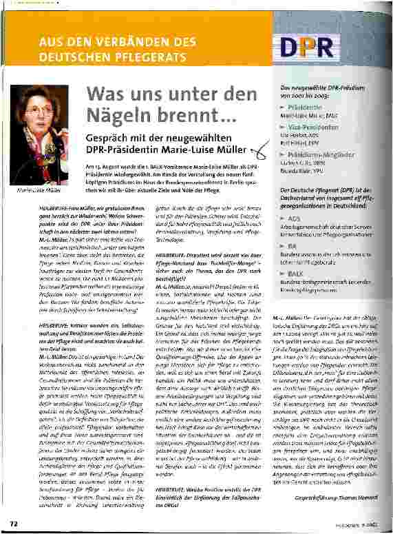 Vorschauseite 1: Was uns unter den Nägeln brennt ... Gespräch mit der neugewählten DPR-Präsidentin Marie-Luise Müller