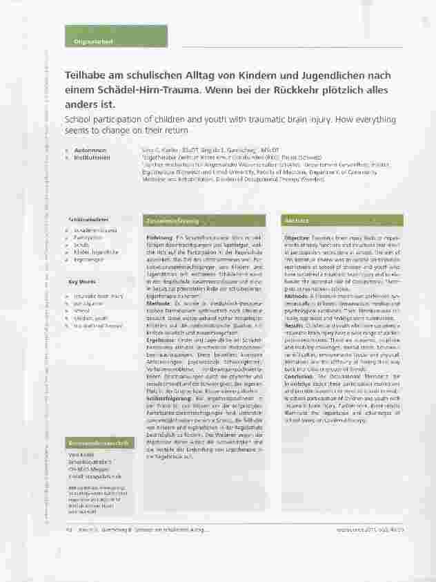 Vorschauseite 1: Teilhabe am schulischen Alltag von Kindern und Jugendlichen nach einem Schädel-Hirn-Trauma. Wenn bei der Rückkehr plötzlich alles anders ist.