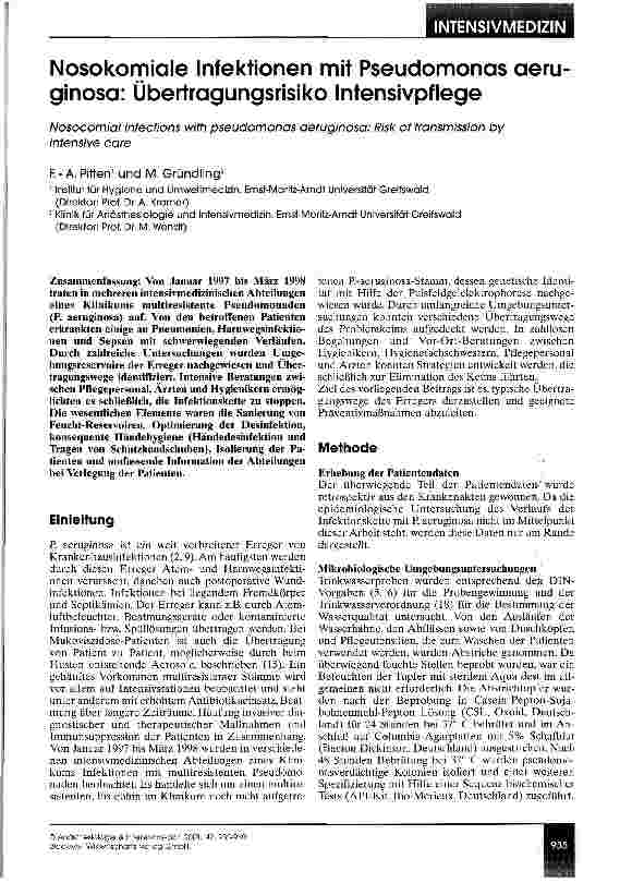 Vorschauseite 1: Nosokomiale Infektionen mit Pseudomonas aeruginosa: Übertragungsrisiko Intensivpflege