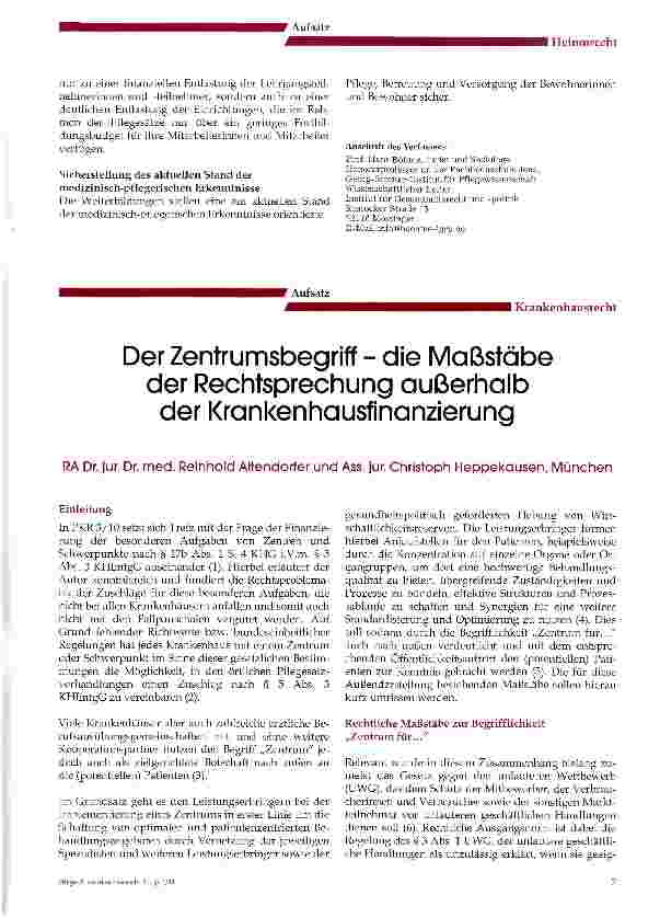 Vorschauseite 1: Der Zentrumsbegriff - die Maßstäbe der Rechtsprechung außerhalb der Krankenhausfinanzierung