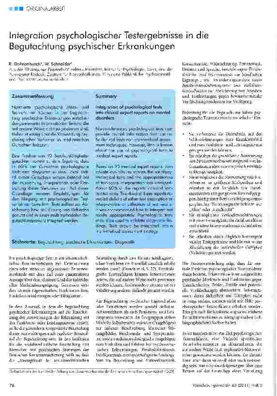 Vorschauseite 1: Integration psychologischer Testergebnisse in die Begutachtung psychischer Erkrankungen