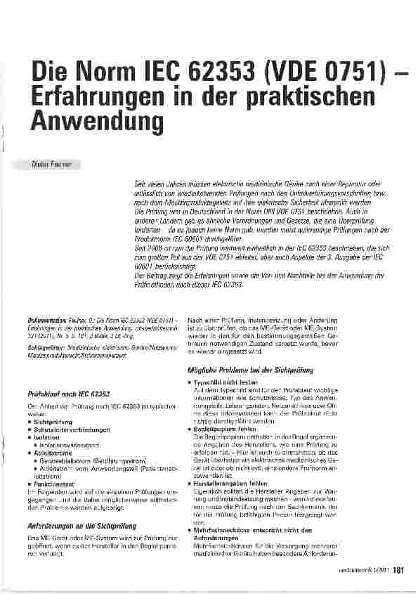 Vorschauseite 1: Die Norm IEC 62353 (VDE 0751) Erfahrungen in der praktischen Anwendung