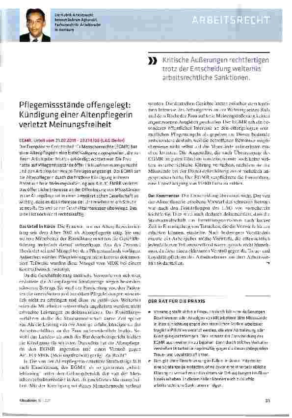 Vorschauseite 1: Pflegemissstände offengelegt: Kündigung einer Altenpflegerin verletzt Meinungsfreiheit