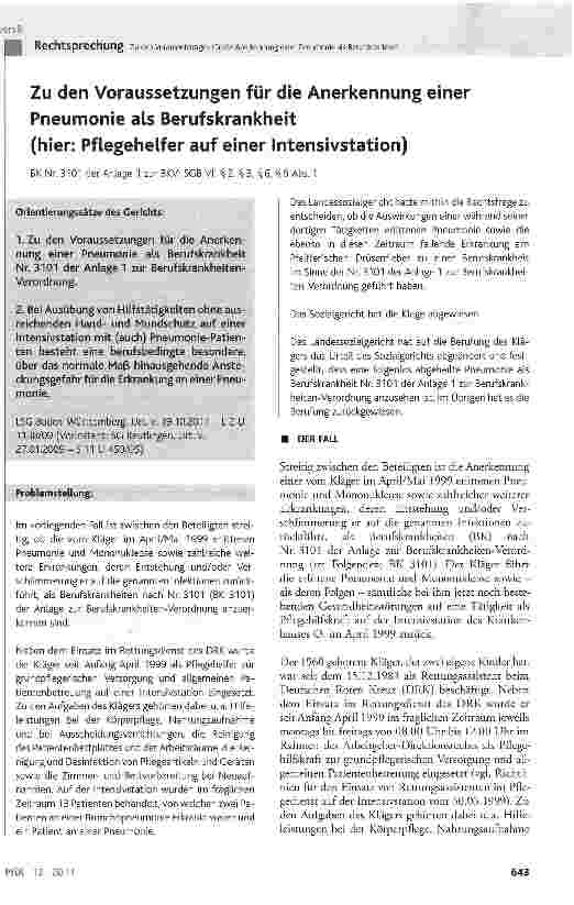 Vorschauseite 1: Zu den Voraussetzungen für die Anerkennung einer Pneumonie als Berufskrankheit(hier: Pflegehelfer auf einer Intensivstation) BK Nr. 3101 der Anlage 1 zur BKV; SGB VII § 2, § 3, §…