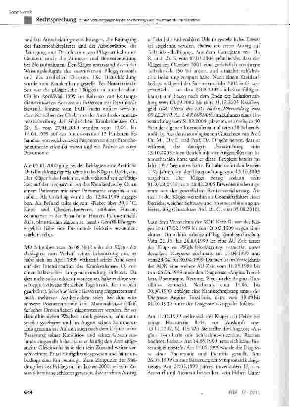 Vorschauseite 2: Zu den Voraussetzungen für die Anerkennung einer Pneumonie als Berufskrankheit(hier: Pflegehelfer auf einer Intensivstation) BK Nr. 3101 der Anlage 1 zur BKV; SGB VII § 2, § 3, §…