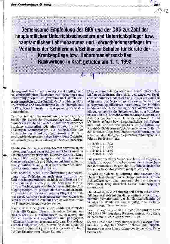 Vorschauseite 1: Empfehlungen zur Zahl der hauptamtlich Unterrichtenden im Verhältnis zu Lernenden an Schulen für Krankenpflege+Hebammenlehranstalten