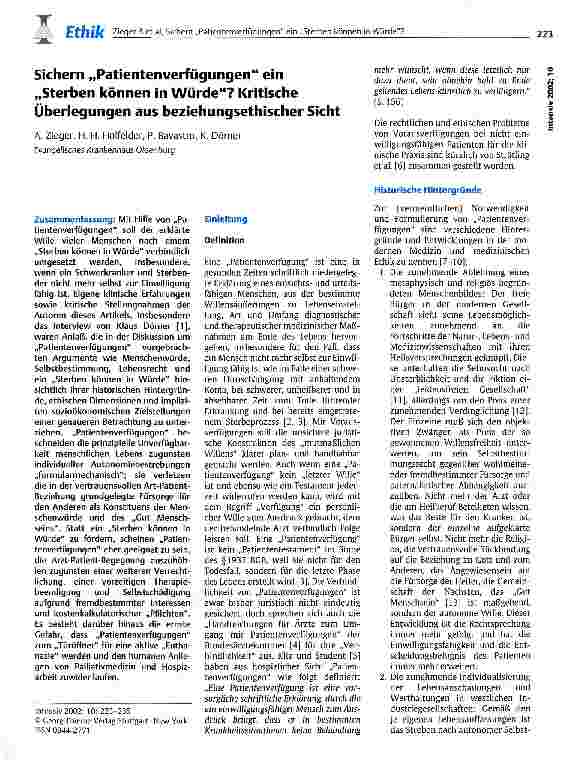 Vorschauseite 1: Sichern Patientenverfügungen ein Sterben können in Würde? Kritische Überlegungen aus beziehungsethischer Sicht