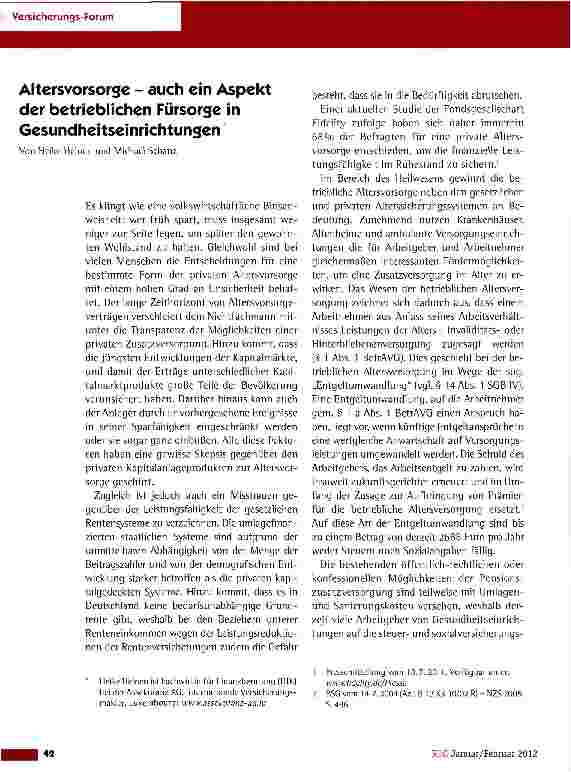 Vorschauseite 1: Altersvorsorge - auch ein Aspekt der betrieblichen Fürsorge in Gesundheitseinrichtungen
