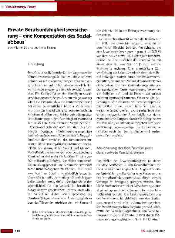 Vorschauseite 1: Private Berufsunfähigkeitsversicherung - eine Kompensation des Sozialabbaus