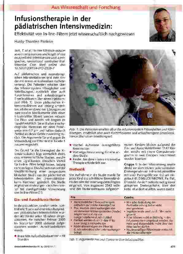 Vorschauseite 1: Infusionstherapie in der pädiatrischen Intensivmedizin: Effektivität von In-Iine-Filtern jetzt wissenschaftlich nachgewiesen