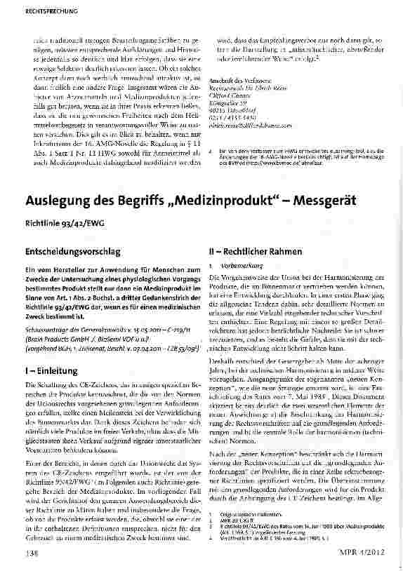 Vorschauseite 1: Auslegung des Begriffs „Medizinprodukt - Messgerät Richtlinie 93/42/EWG