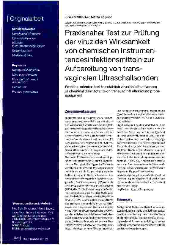 Vorschauseite 1: Praxisnaher Test zur Prüfung der viruziden Wirksamkeit von chemischen Instrumentendesinfektionsmitteln zur Aufbereitung von transvaginalen Ultraschallsonden
