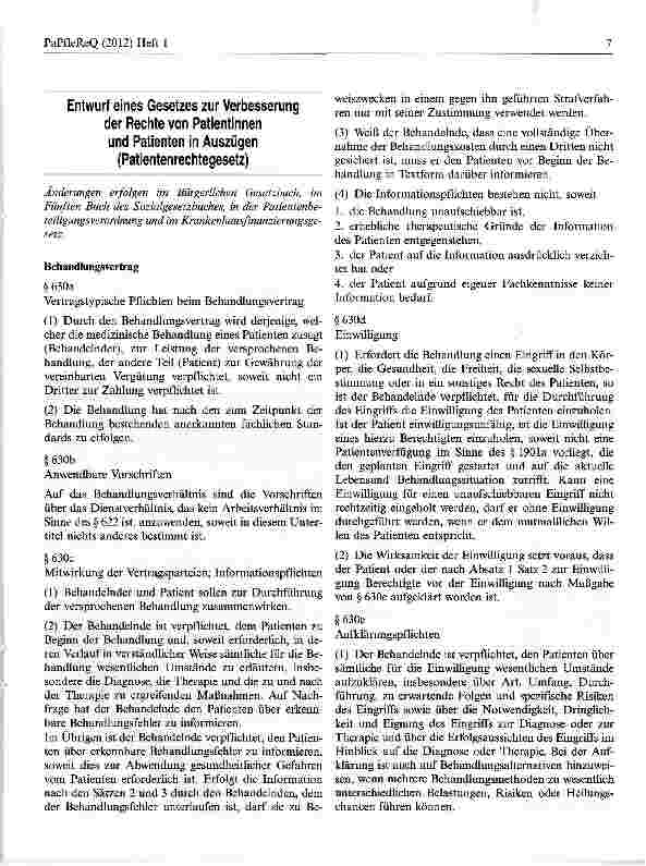 Vorschauseite 1: Entwurf eines Gesetzes zur Verbesserung der Rechte von Patientinnen und Patienten in Auszügen(Patientenrechtegesetz)