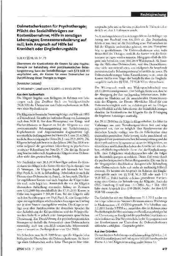 Vorschauseite 1: Dolmetscherkosten für Psychotherapie; Pflicht des Sozialhilfeträgers zur Kostenübernahme; Hilfe in sonstigen Lebenslagen; Ermessensreduzierung auf null; kein Anspruch auf Hilfe be…