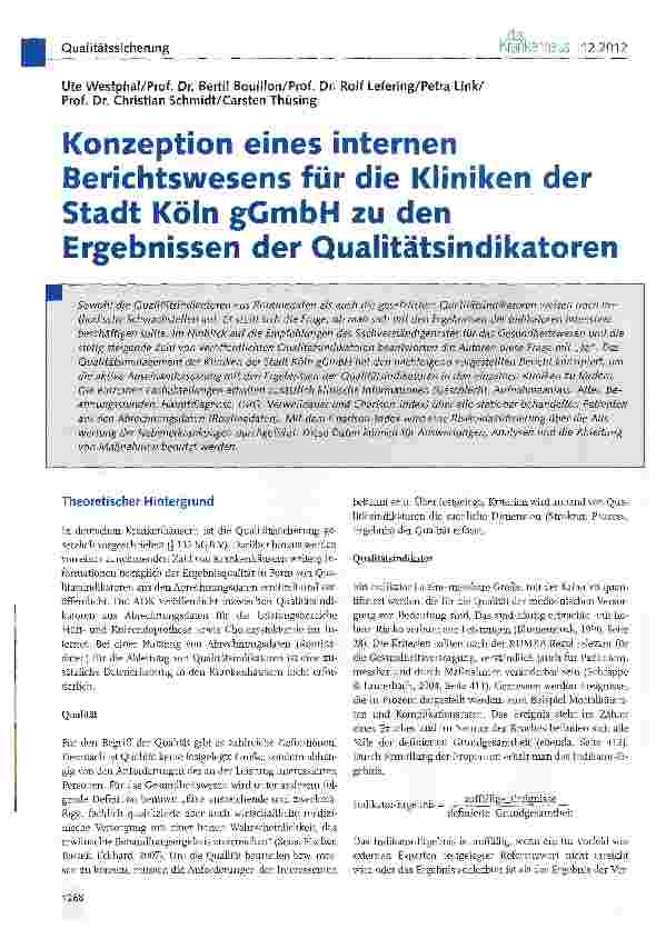 Vorschauseite 1: Konzeption eines internen Berichtswesens für die Kliniken der Stadt Köln gGmbH zu den Ergebnissen der
