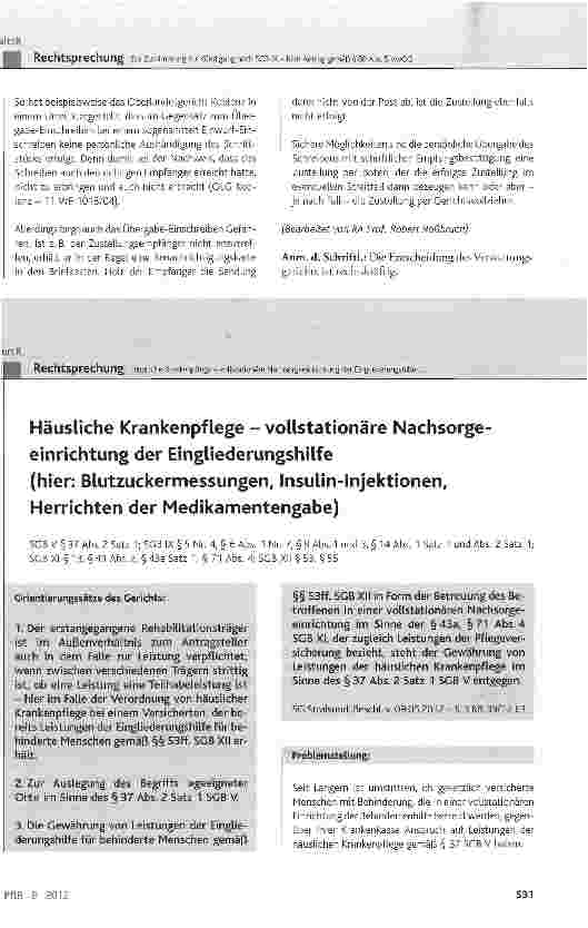 Vorschauseite 1: Häusliche Krankenpflege - vollstationäre Nachsorgeeinrichtung der Eingliederungshilfe (hier: Blutzuckermessungen, Insulin-Injektionen, Herrichten der Medikamentengabe)