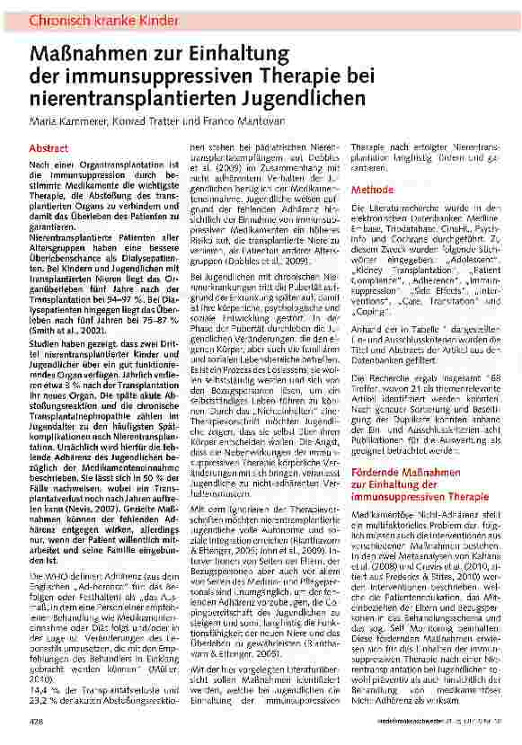 Vorschauseite 1: Maßnahmen zur Einhaltung der immunsuppressiven Therapie bei nierentransplantierten Jugendlichen