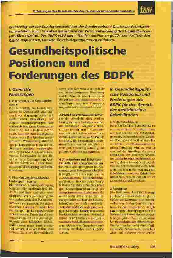 Vorschauseite 1: Gesundheitspolitische Postitionen und Forderungen des BDPK