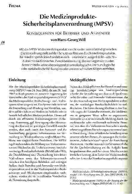 Vorschauseite 1: Die Medizinprodukte-Sicherheitsplanverordnung (MPSV) Konsequenzen für Betreiber und Anwender