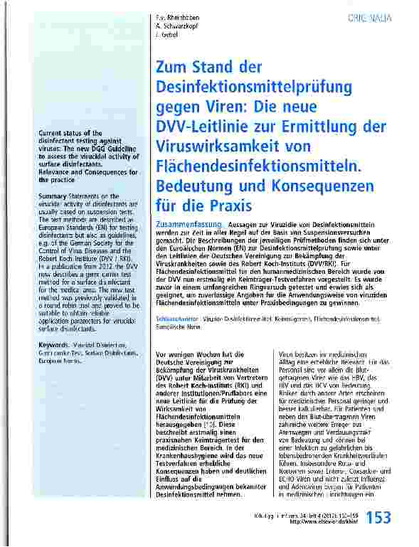 Vorschauseite 1: Zum Stand der Desinfektionsmittelprüfung gegen Viren: Die neue DVV-Leitlinie zur Ermittlung der Viruswirksamkeit von Flächendesinfektionsmitteln. Bedeutung und Konsequenzen für di…