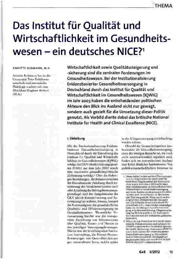 Vorschauseite 1: Das Institut für Qualität und Wirtschaftlichkeit im Gesundheitswesen - ein deutsches NICE?