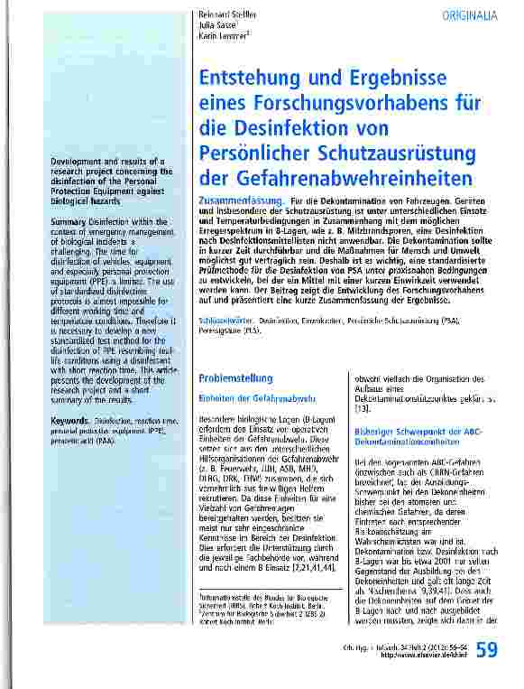 Vorschauseite 1: Entstehung und Ergebnisse eines Forschungsvorhabens für die Desinfektion von Persönlicher Schutzausrüstung der Gefahrenabwehreinheiten