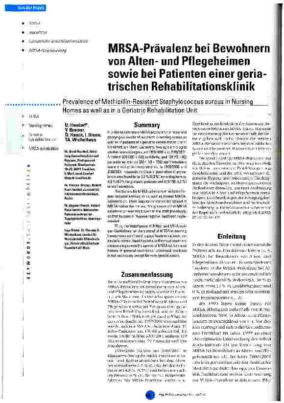 Vorschauseite 1: MRSA-Prävalenz bei Bewohnern von Altenund Pflegeheimen sowie bei Patienten einer geriatrischen Rehabilitationsklinik